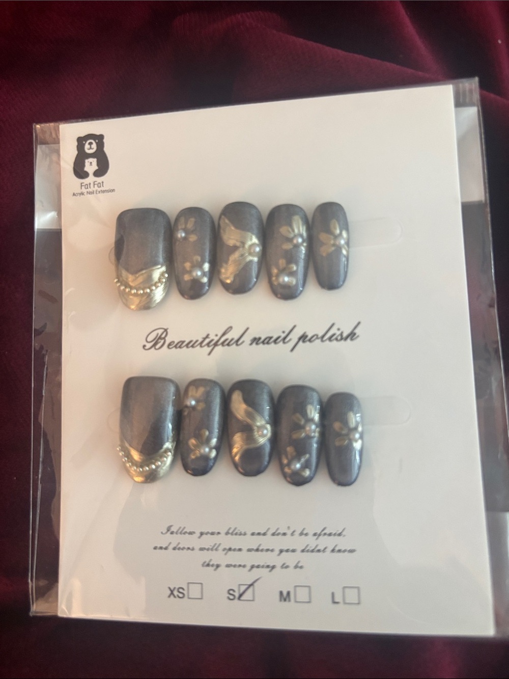 Gray Metallic Press-On Nails with Gold Floral Accents
